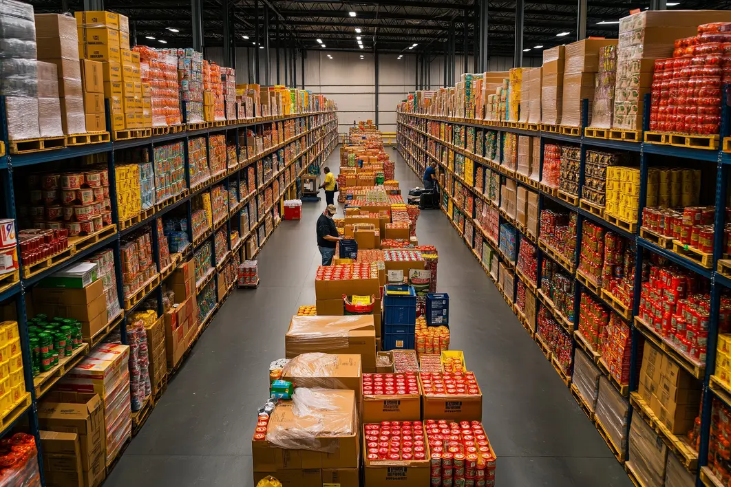 Warehouse interior with high shelves stacked with pallets and boxes, and a worker operating a yellow forklift to organize inventory.